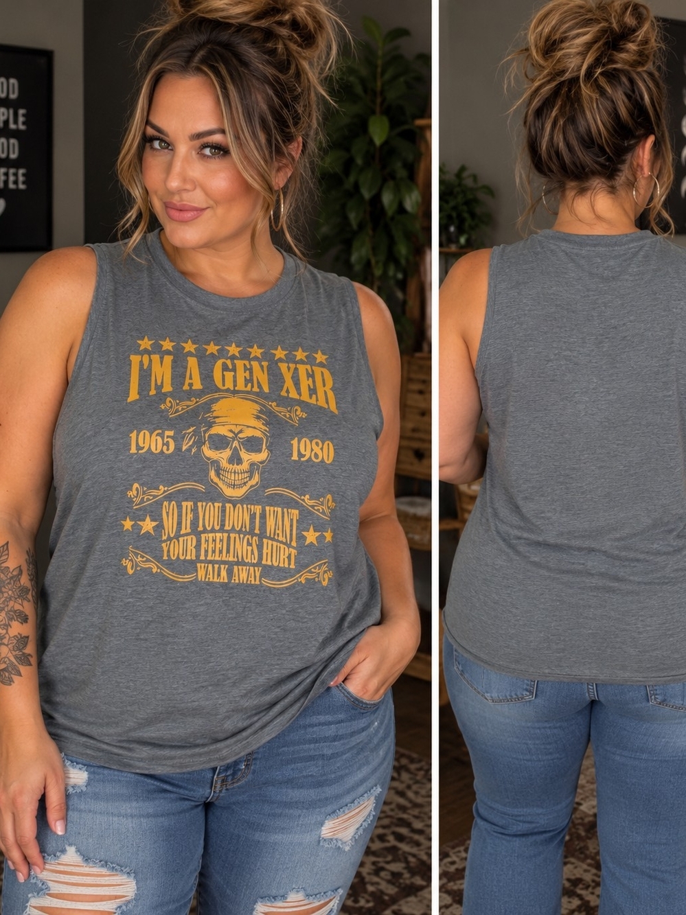 I'm a Gen Xer Skull Graphic Muscle Tank - Gray with Gold Print 14/16 -1X New